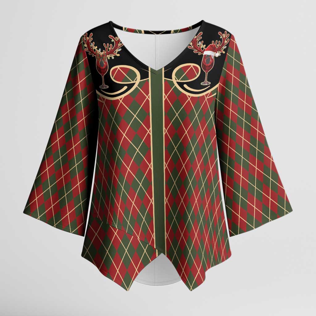 Western Yoke Kimono Sleeve Blouse Wine Deer Christmas Argyle Patterns - Wonder Print Shop
