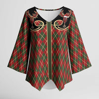 Western Yoke Kimono Sleeve Blouse Wine Deer Christmas Argyle Patterns - Wonder Print Shop