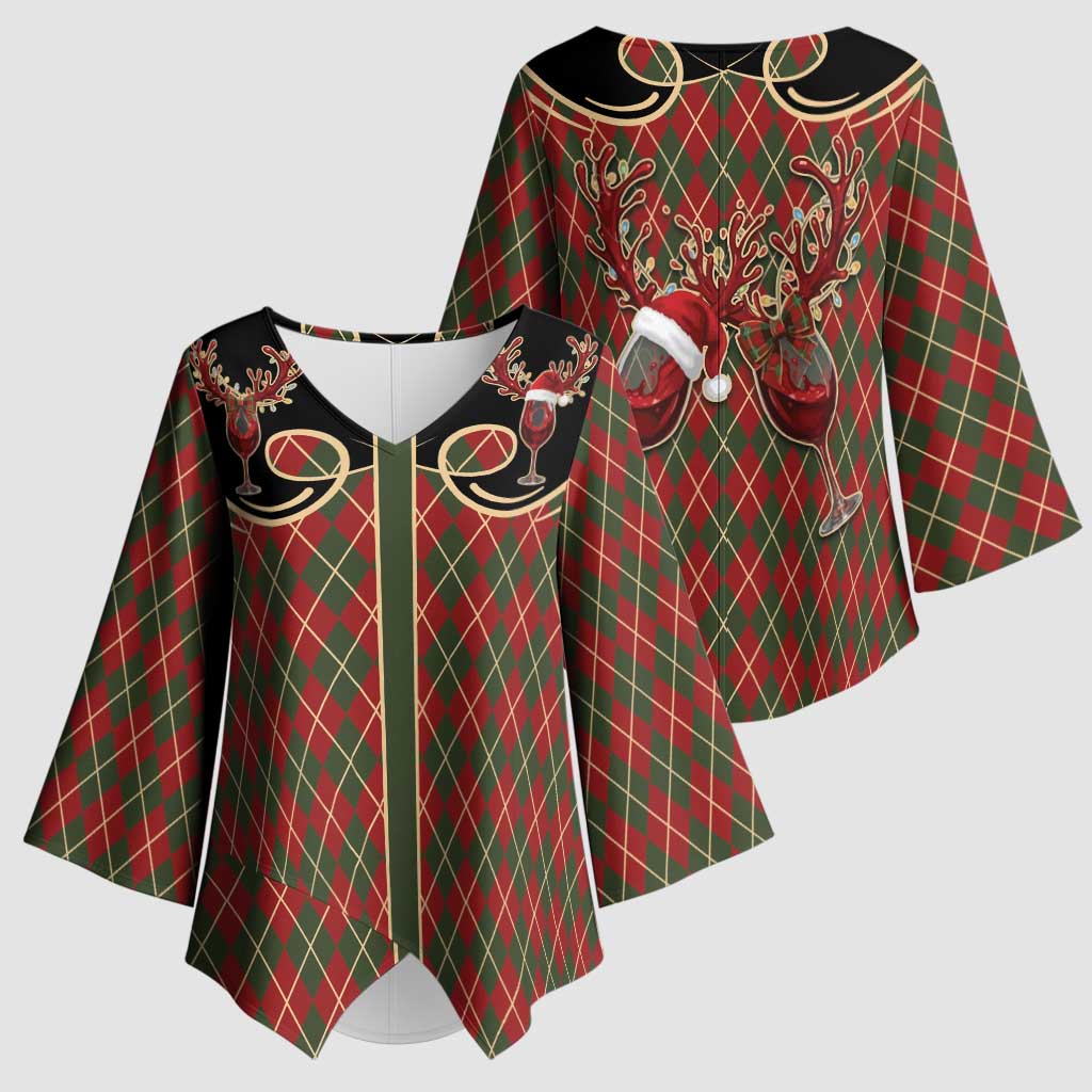 Western Yoke Kimono Sleeve Blouse Wine Deer Christmas Argyle Patterns - Wonder Print Shop