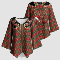Western Yoke Kimono Sleeve Blouse Wine Deer Christmas Argyle Patterns - Wonder Print Shop