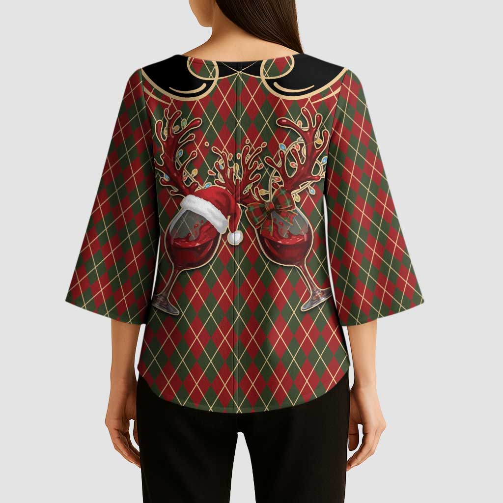 Western Yoke Kimono Sleeve Blouse Wine Deer Christmas Argyle Patterns - Wonder Print Shop