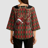 Western Yoke Kimono Sleeve Blouse Wine Deer Christmas Argyle Patterns - Wonder Print Shop