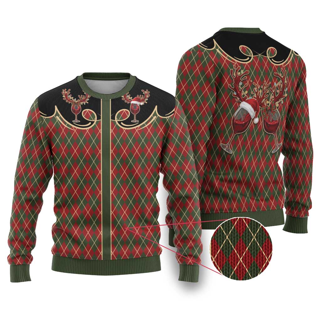 Western Yoke Ugly Christmas Sweater Wine Deer Christmas Argyle Patterns - Wonder Print Shop