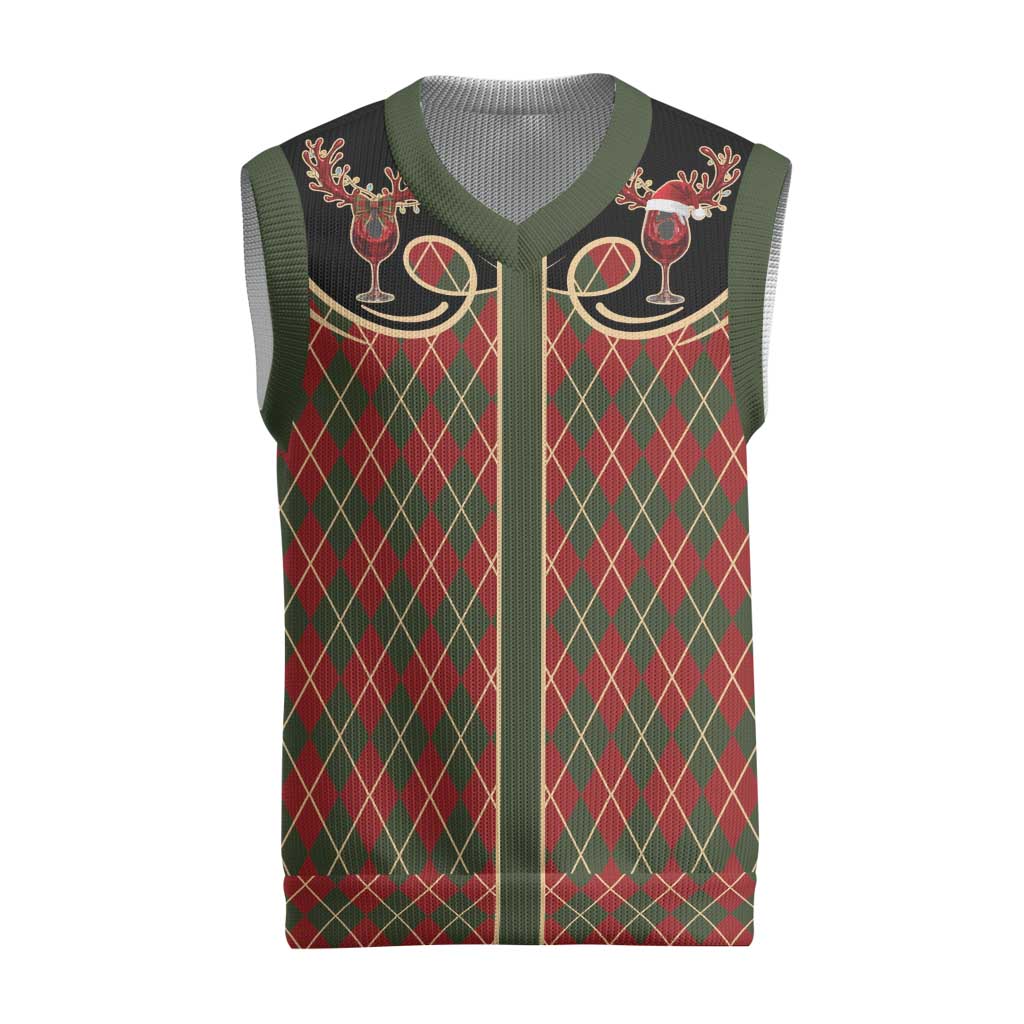 Western Yoke Christmas Knitted V-Neck Vest Wine Deer Christmas Argyle Patterns - Wonder Print Shop