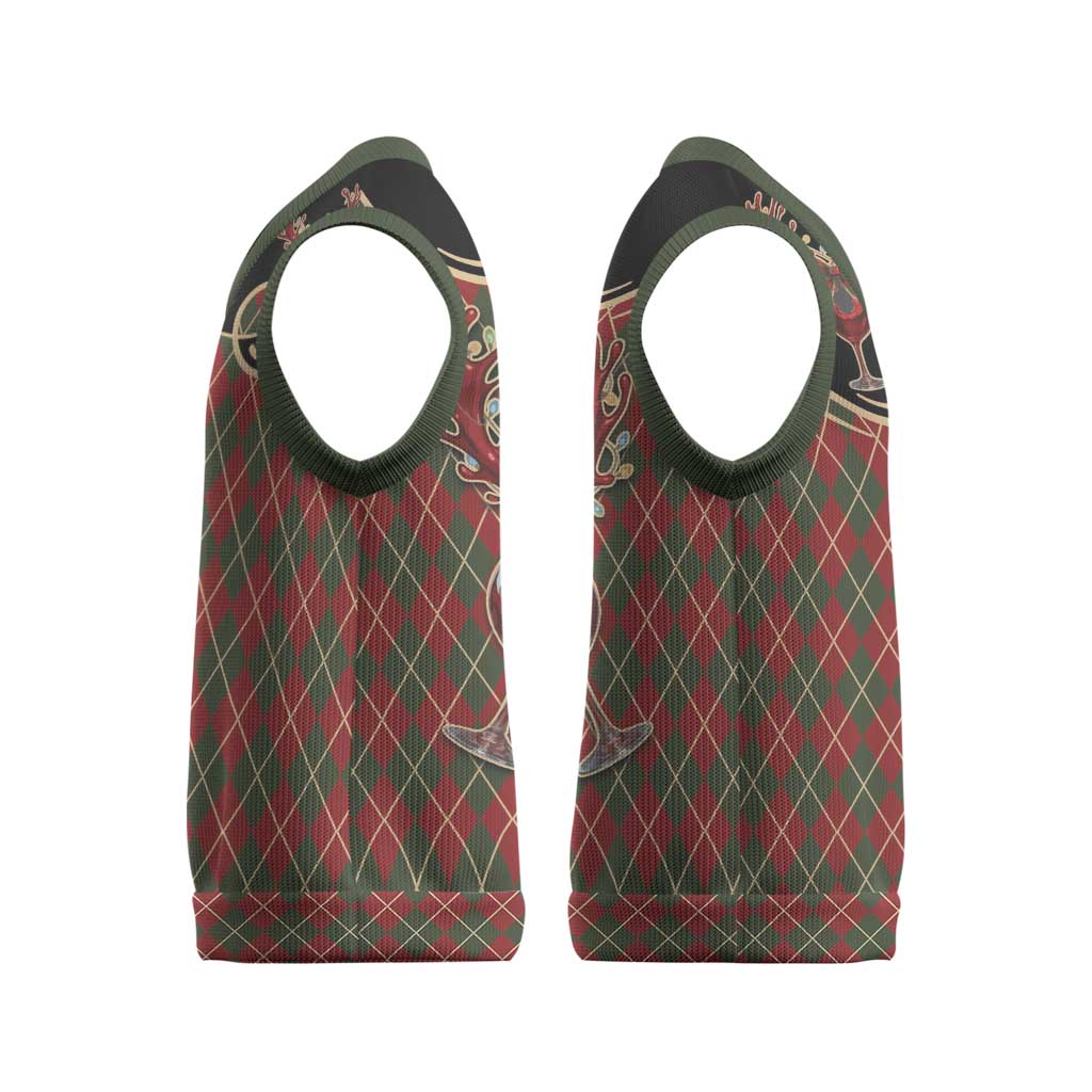 Western Yoke Christmas Knitted V-Neck Vest Wine Deer Christmas Argyle Patterns - Wonder Print Shop