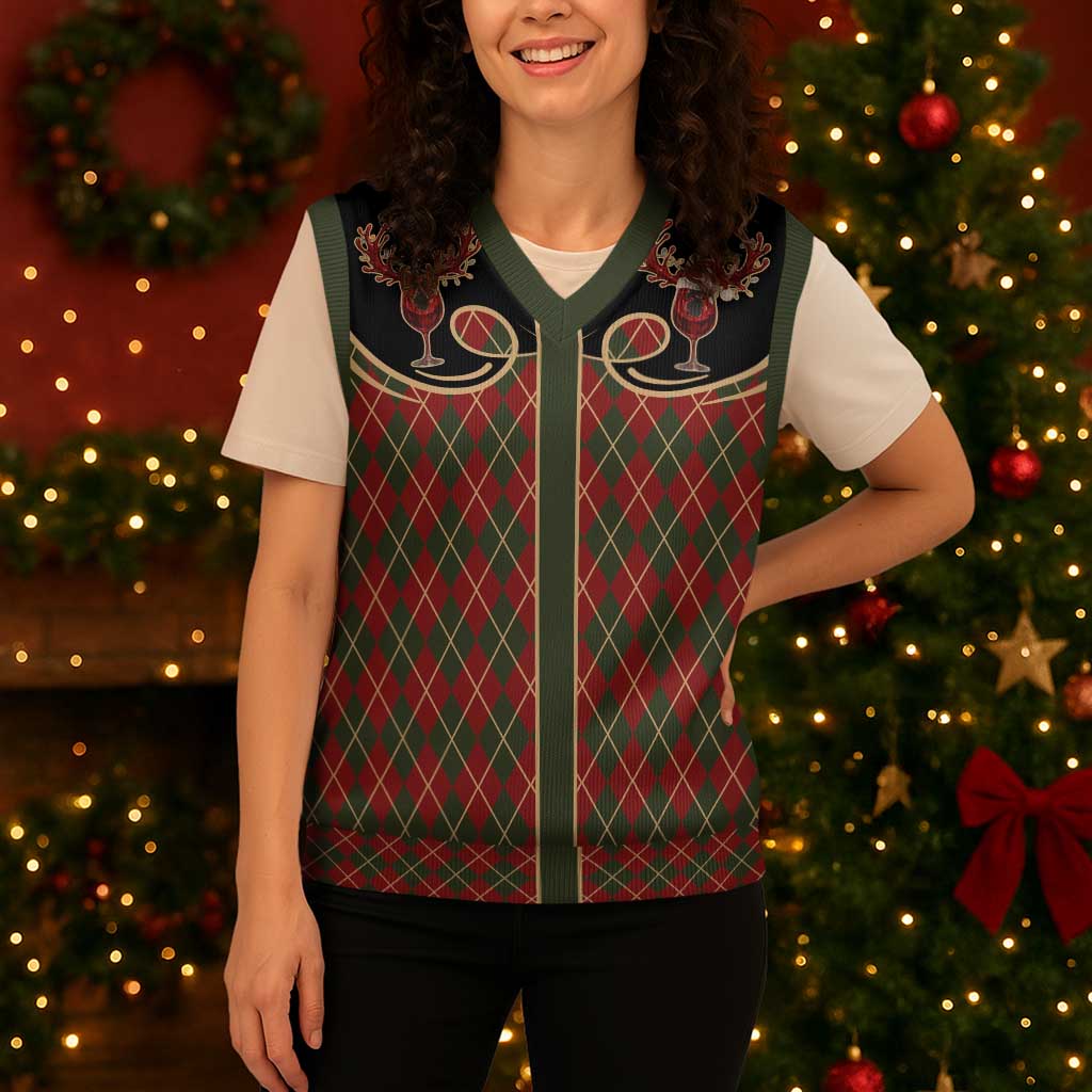Western Yoke Christmas Knitted V-Neck Vest Wine Deer Christmas Argyle Patterns - Wonder Print Shop