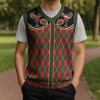 Western Yoke Christmas Knitted V-Neck Vest Wine Deer Christmas Argyle Patterns - Wonder Print Shop