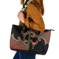 Western Yoke Leather Tote Bag Wine Deer Christmas Argyle Patterns - Wonder Print Shop