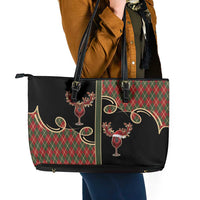 Western Yoke Leather Tote Bag Wine Deer Christmas Argyle Patterns - Wonder Print Shop