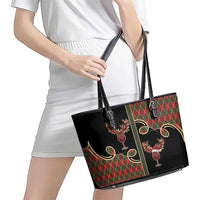 Western Yoke Leather Tote Bag Wine Deer Christmas Argyle Patterns - Wonder Print Shop