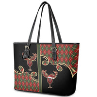 Western Yoke Leather Tote Bag Wine Deer Christmas Argyle Patterns - Wonder Print Shop