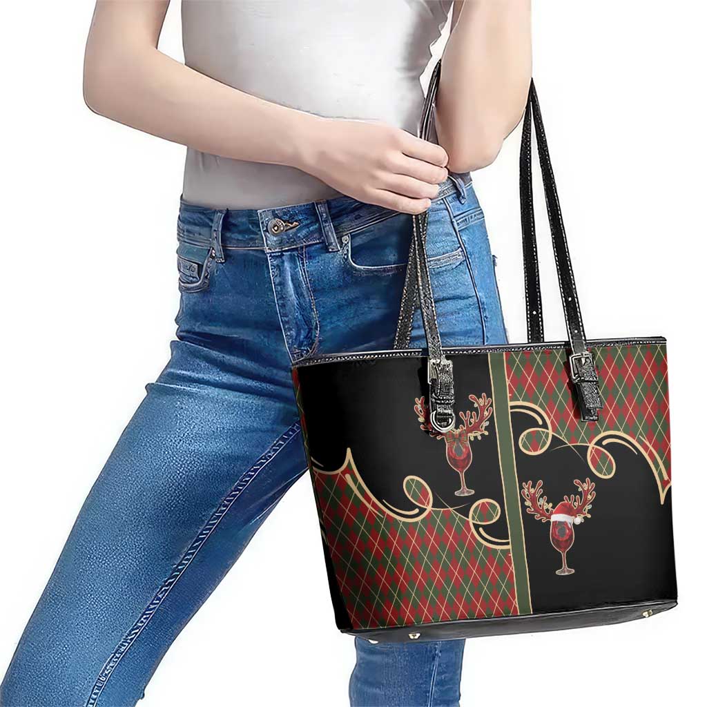 Western Yoke Leather Tote Bag Wine Deer Christmas Argyle Patterns - Wonder Print Shop