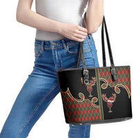 Western Yoke Leather Tote Bag Wine Deer Christmas Argyle Patterns - Wonder Print Shop