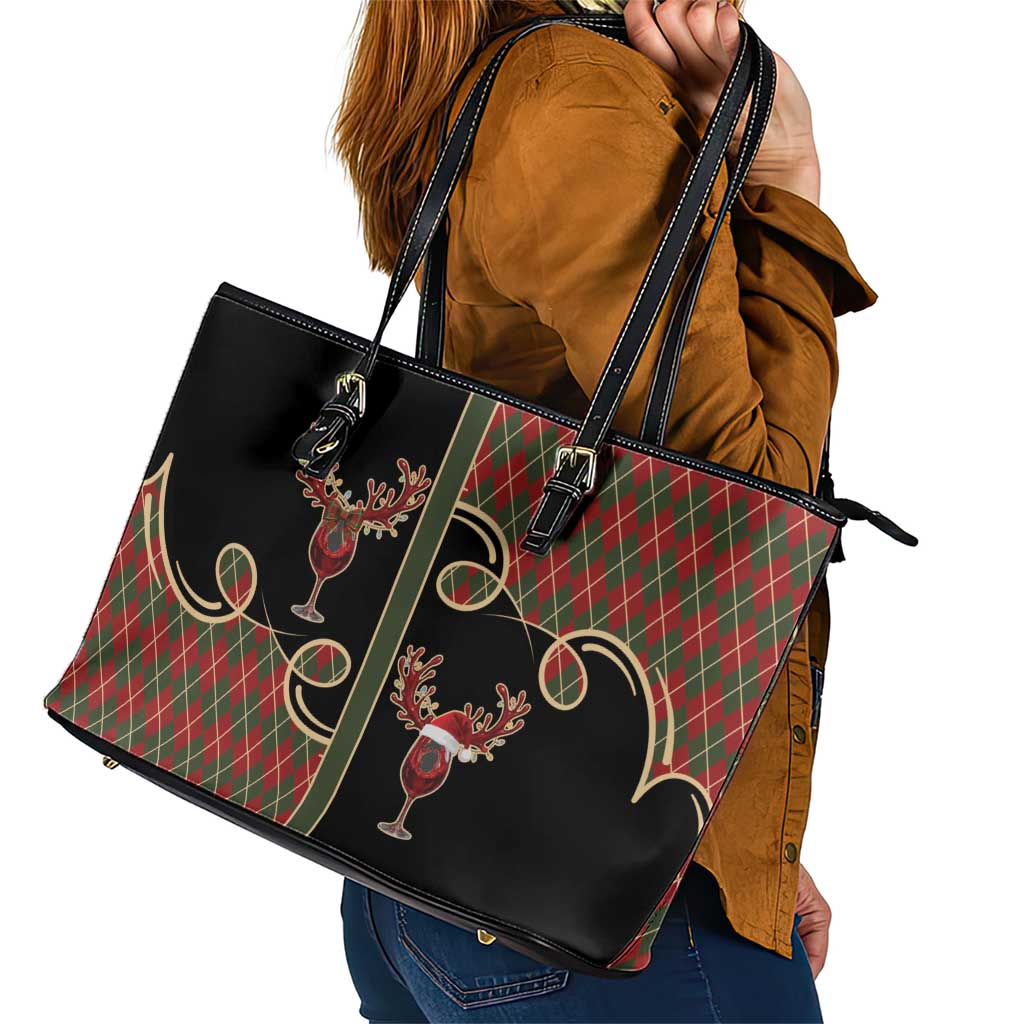 Western Yoke Leather Tote Bag Wine Deer Christmas Argyle Patterns - Wonder Print Shop