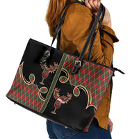 Western Yoke Leather Tote Bag Wine Deer Christmas Argyle Patterns - Wonder Print Shop