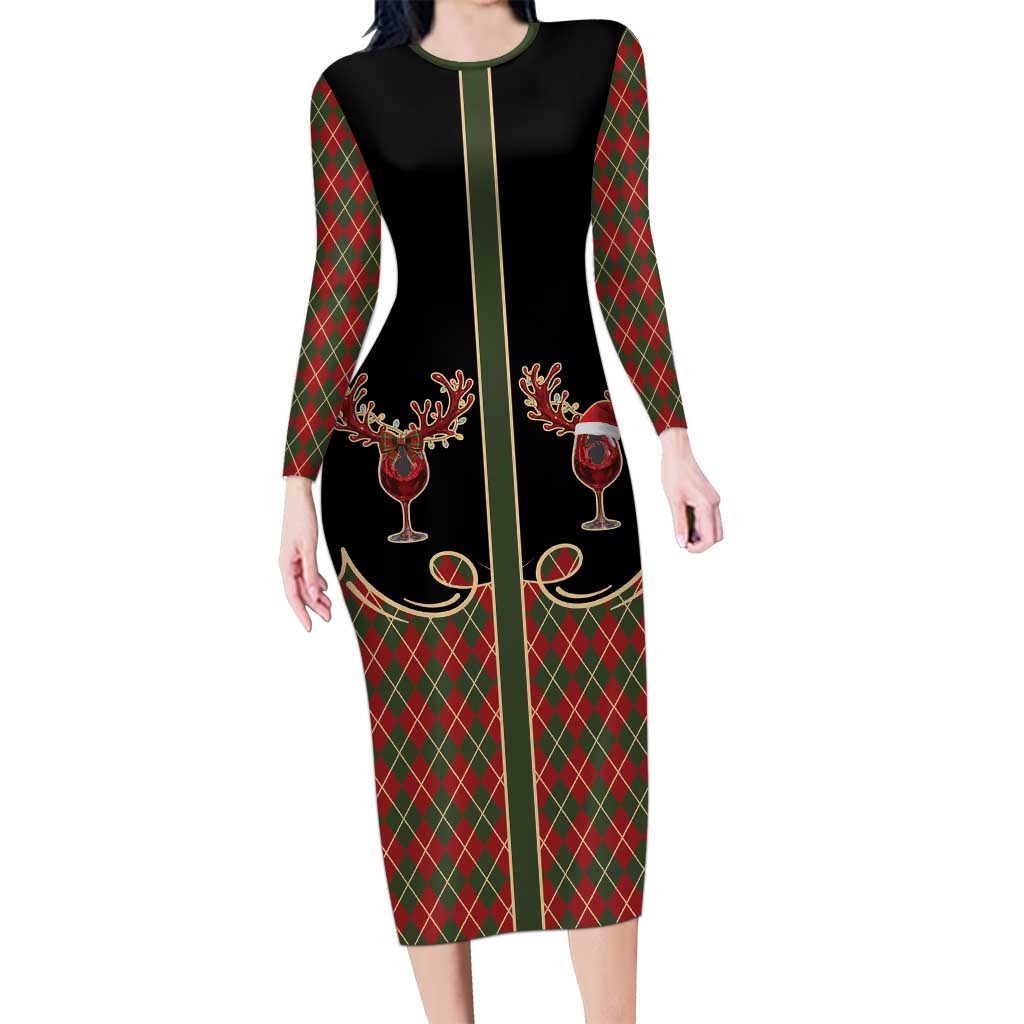 Western Yoke Long Sleeve Bodycon Dress Wine Deer Christmas Argyle Patterns - Wonder Print Shop