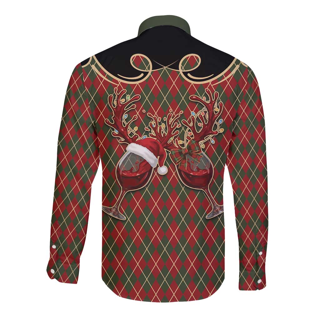 Western Yoke Long Sleeve Button Shirt Wine Deer Christmas Argyle Patterns - Wonder Print Shop