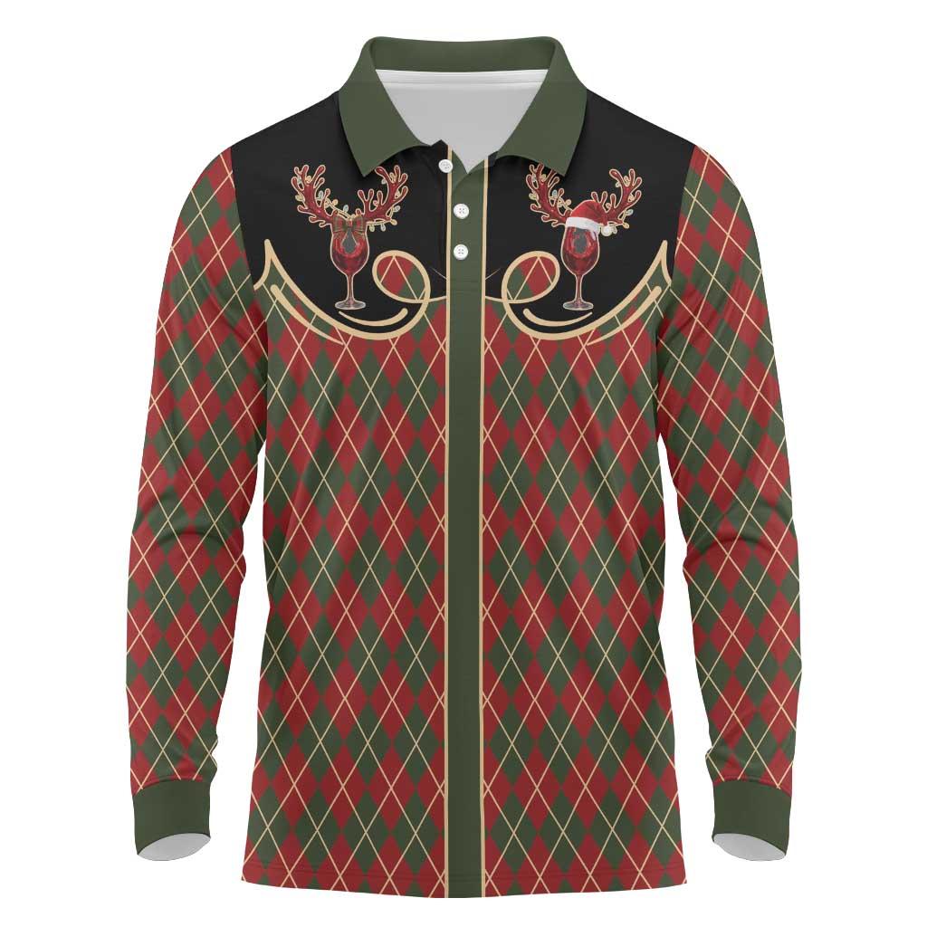 Western Yoke Long Sleeve Polo Shirt Wine Deer Christmas Argyle Patterns - Wonder Print Shop