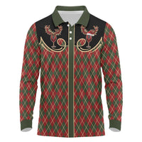 Western Yoke Long Sleeve Polo Shirt Wine Deer Christmas Argyle Patterns - Wonder Print Shop