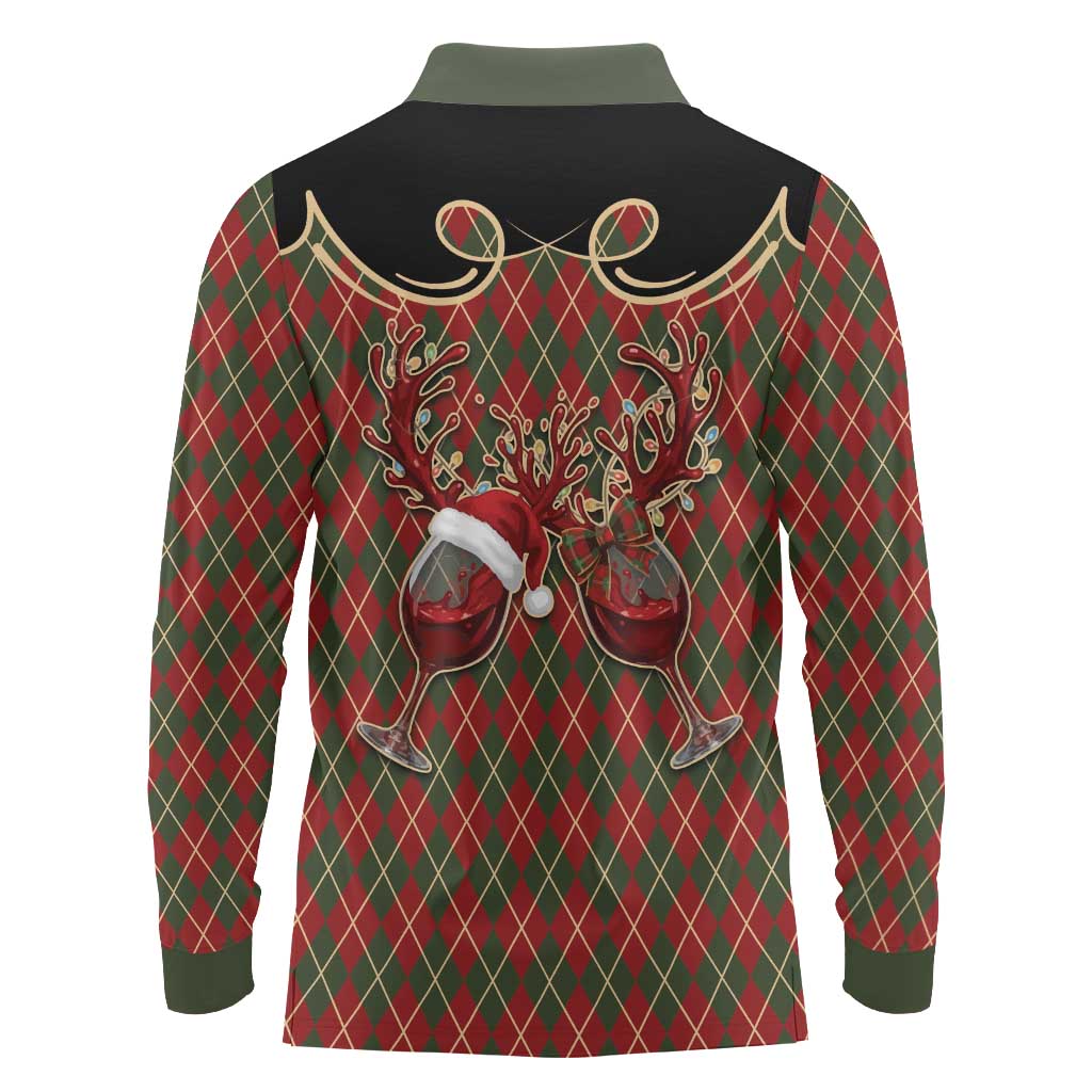 Western Yoke Long Sleeve Polo Shirt Wine Deer Christmas Argyle Patterns - Wonder Print Shop