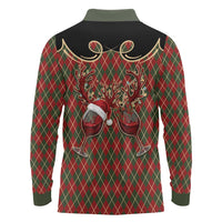 Western Yoke Long Sleeve Polo Shirt Wine Deer Christmas Argyle Patterns - Wonder Print Shop