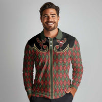 Western Yoke Long Sleeve Polo Shirt Wine Deer Christmas Argyle Patterns - Wonder Print Shop