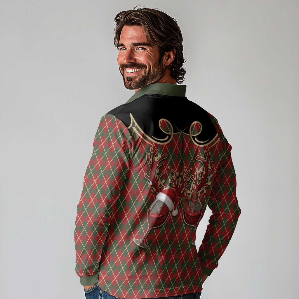 Western Yoke Long Sleeve Polo Shirt Wine Deer Christmas Argyle Patterns - Wonder Print Shop