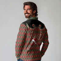 Western Yoke Long Sleeve Polo Shirt Wine Deer Christmas Argyle Patterns - Wonder Print Shop