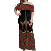 Western Yoke Off Shoulder Maxi Dress Wine Deer Christmas Argyle Patterns - Wonder Print Shop