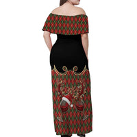 Western Yoke Off Shoulder Maxi Dress Wine Deer Christmas Argyle Patterns - Wonder Print Shop