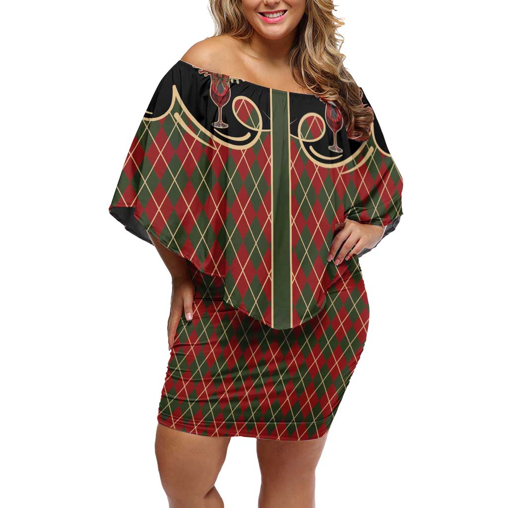 Western Yoke Off Shoulder Short Dress Wine Deer Christmas Argyle Patterns - Wonder Print Shop