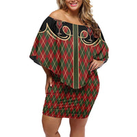 Western Yoke Off Shoulder Short Dress Wine Deer Christmas Argyle Patterns - Wonder Print Shop