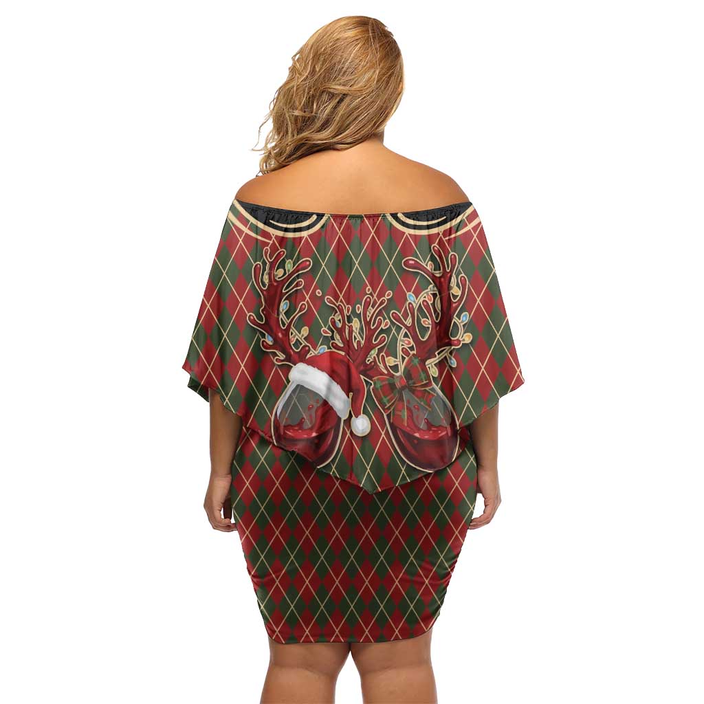 Western Yoke Off Shoulder Short Dress Wine Deer Christmas Argyle Patterns - Wonder Print Shop