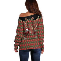 Western Yoke Off Shoulder Sweater Wine Deer Christmas Argyle Patterns - Wonder Print Shop