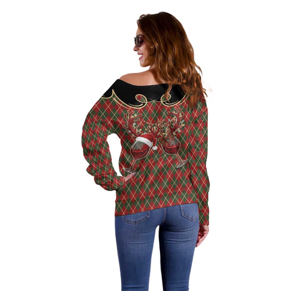 Western Yoke Off Shoulder Sweater Wine Deer Christmas Argyle Patterns - Wonder Print Shop