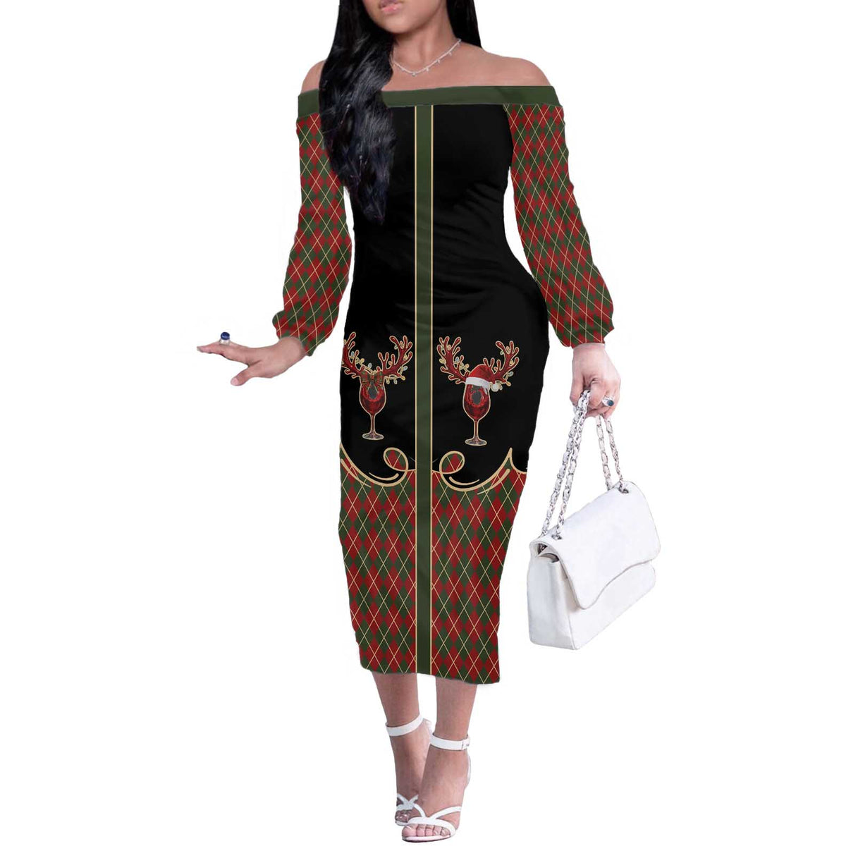 Western Yoke Off The Shoulder Long Sleeve Dress Wine Deer Christmas Argyle Patterns - Wonder Print Shop