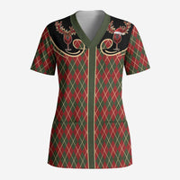 Western Yoke Scrub Top Wine Deer Christmas Argyle Patterns - Wonder Print Shop