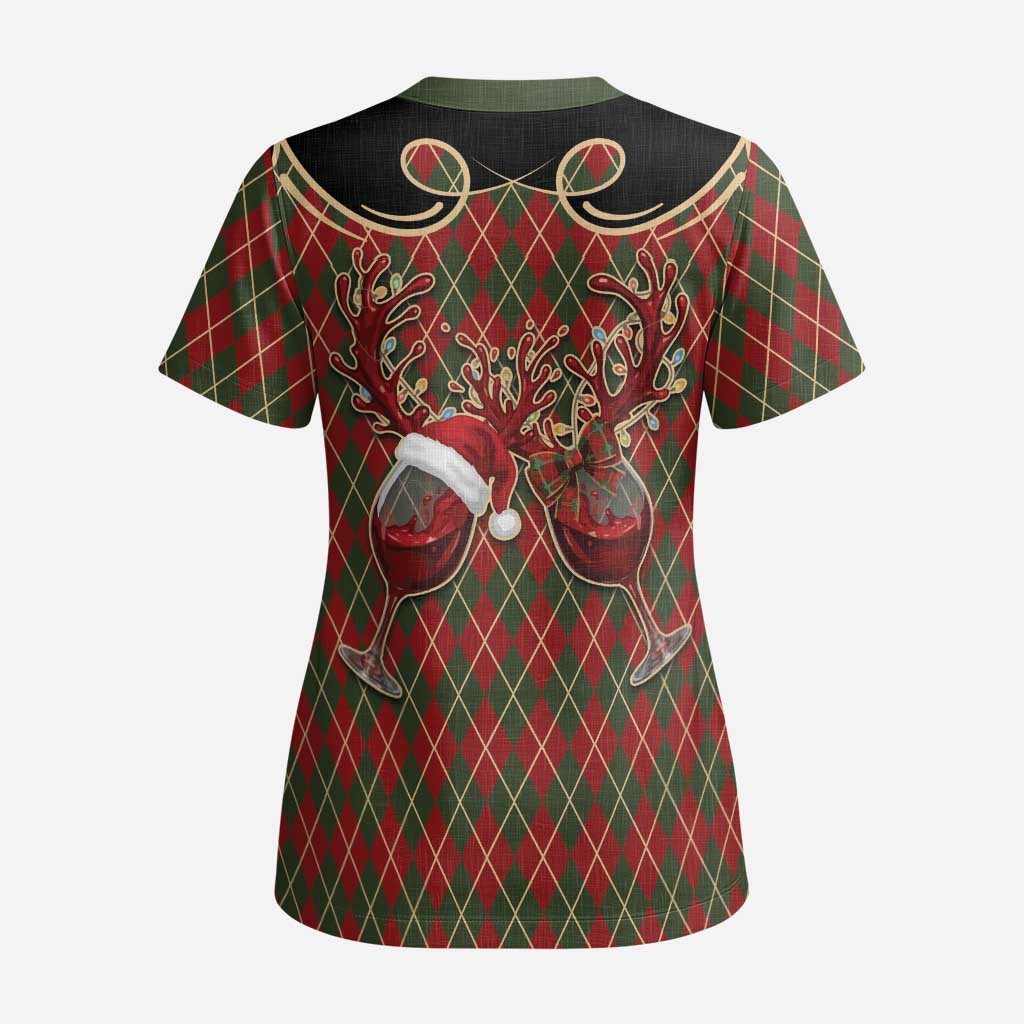 Western Yoke Scrub Top Wine Deer Christmas Argyle Patterns - Wonder Print Shop