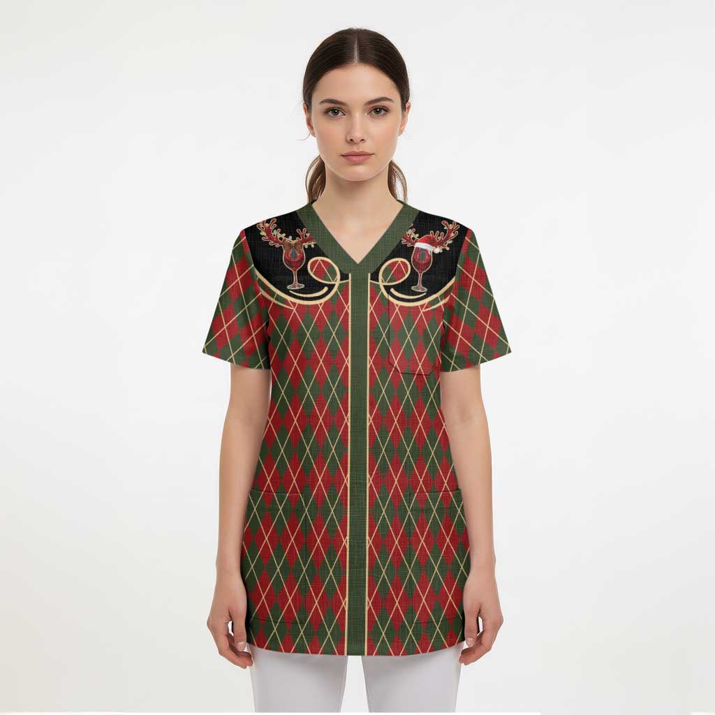 Western Yoke Scrub Top Wine Deer Christmas Argyle Patterns - Wonder Print Shop