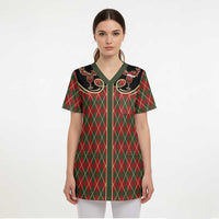 Western Yoke Scrub Top Wine Deer Christmas Argyle Patterns - Wonder Print Shop