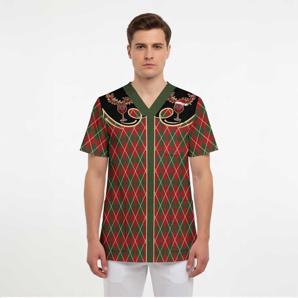 Western Yoke Scrub Top Wine Deer Christmas Argyle Patterns - Wonder Print Shop