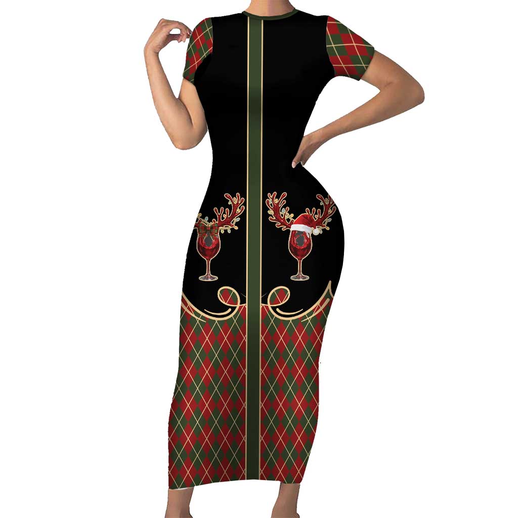 Western Yoke Short Sleeve Bodycon Dress Wine Deer Christmas Argyle Patterns - Wonder Print Shop