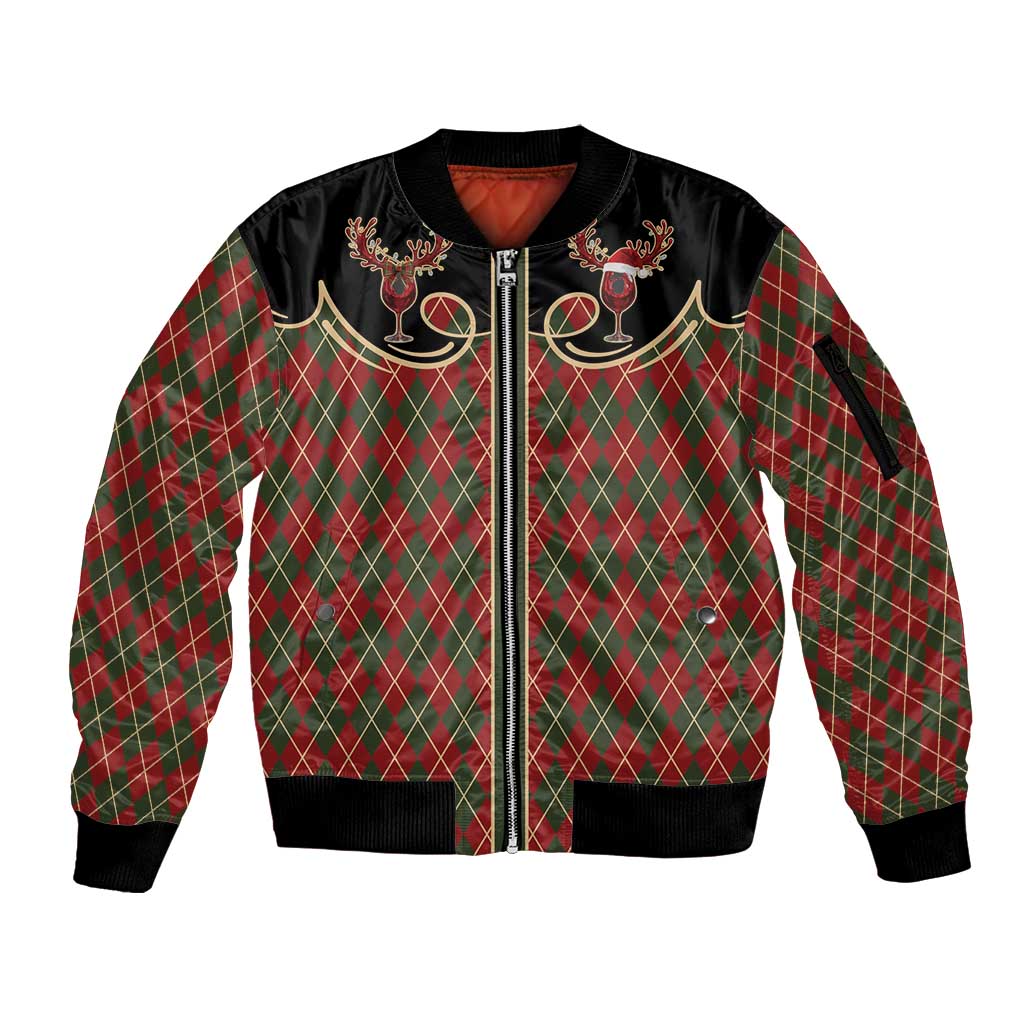 Western Yoke Sleeve Zip Bomber Jacket Wine Deer Christmas Argyle Patterns - Wonder Print Shop