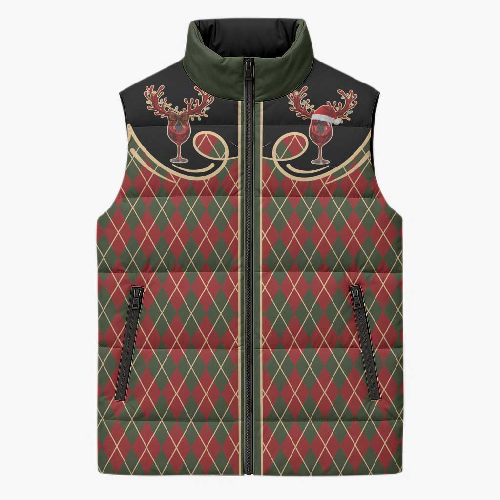 Western Yoke Sleeveless Puffer Jacket Wine Deer Christmas Argyle Patterns - Wonder Print Shop