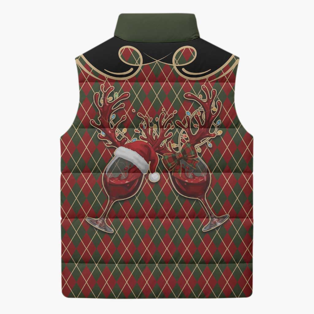Western Yoke Sleeveless Puffer Jacket Wine Deer Christmas Argyle Patterns - Wonder Print Shop