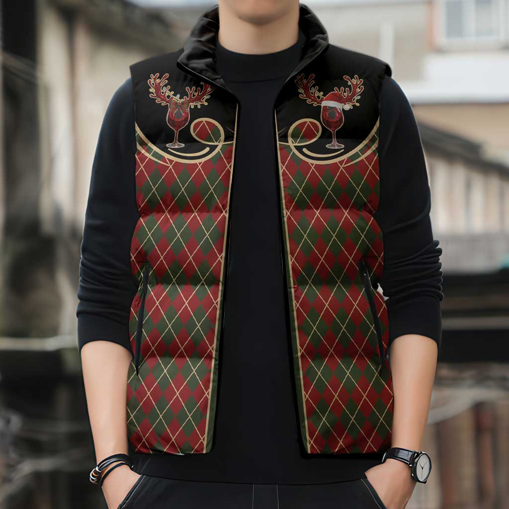 Western Yoke Sleeveless Puffer Jacket Wine Deer Christmas Argyle Patterns - Wonder Print Shop