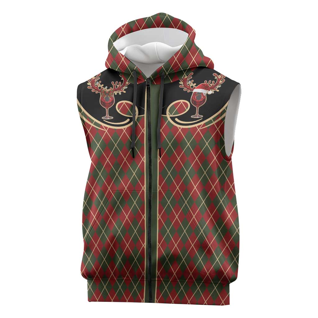 Western Yoke Sleeveless Zip Hoodie Wine Deer Christmas Argyle Patterns - Wonder Print Shop