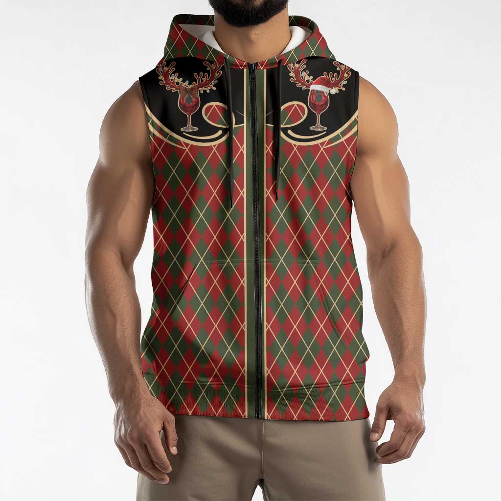 Western Yoke Sleeveless Zip Hoodie Wine Deer Christmas Argyle Patterns - Wonder Print Shop