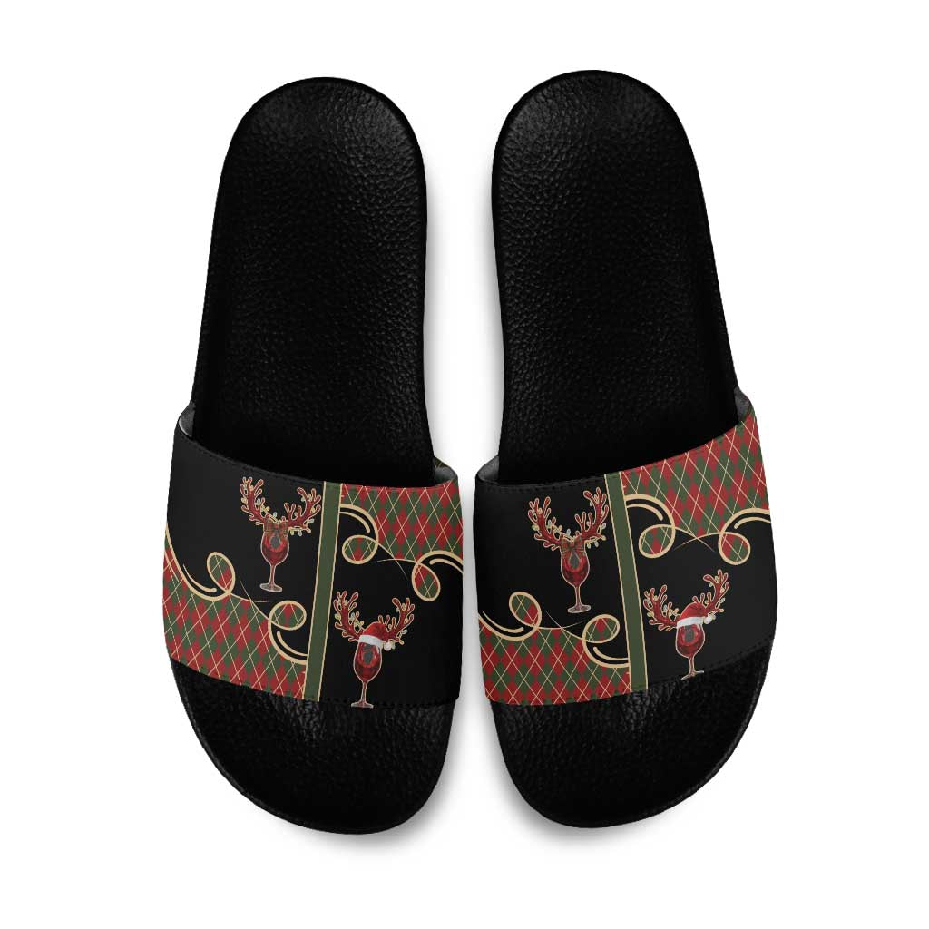 Western Yoke Slide Sandals Wine Deer Christmas Argyle Patterns - Wonder Print Shop