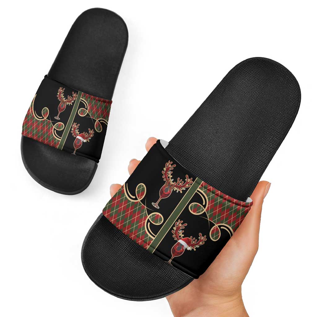 Western Yoke Slide Sandals Wine Deer Christmas Argyle Patterns - Wonder Print Shop